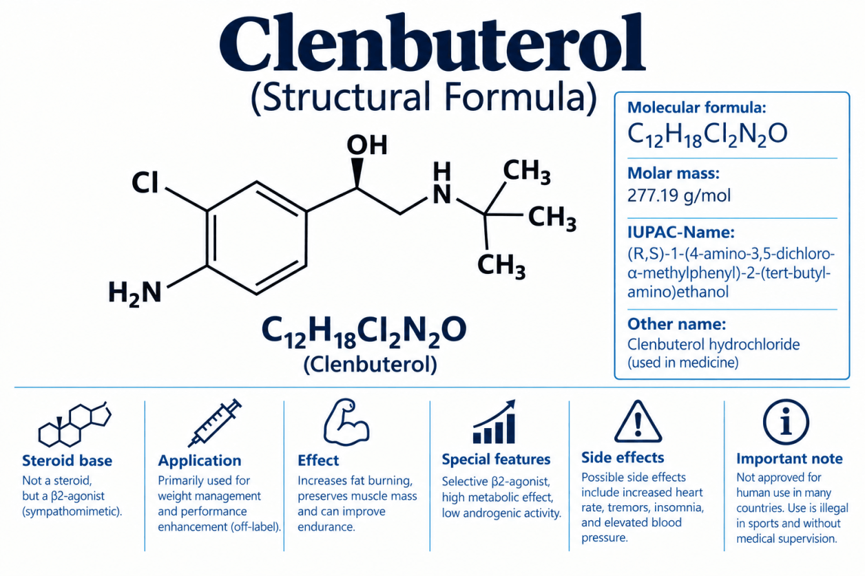 Struttura chimica del Clenbuterolo, una sostanza farmacologicamente attiva appartenente al gruppo degli agonisti beta-2.