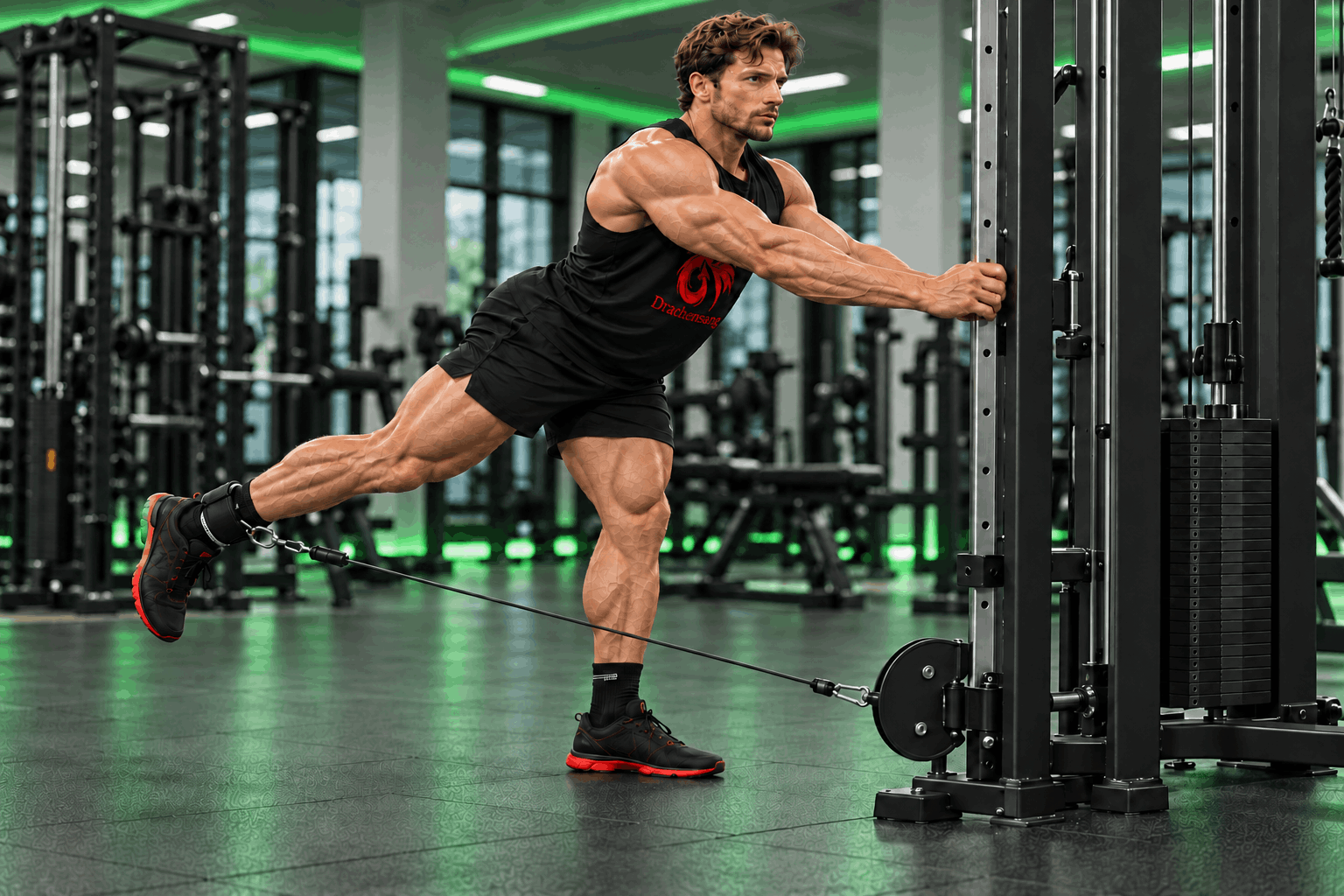 Esercizi per le gambe ai cavi: atleta che esegue un kickback per allenare i glutei e sviluppare forza e massa muscolare – Drachensang Academy Italia