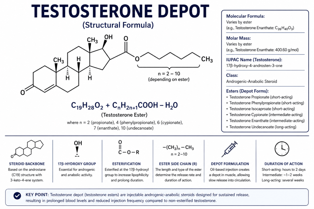 Struttura chimica del Testosterone Depot, preparato a base di testosterone a lunga durata d’azione.