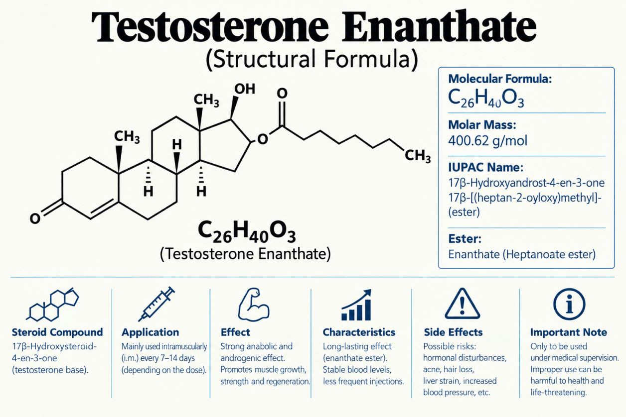 Struttura chimica del Testosterone Enantato, un estere del testosterone a lunga durata d’azione.