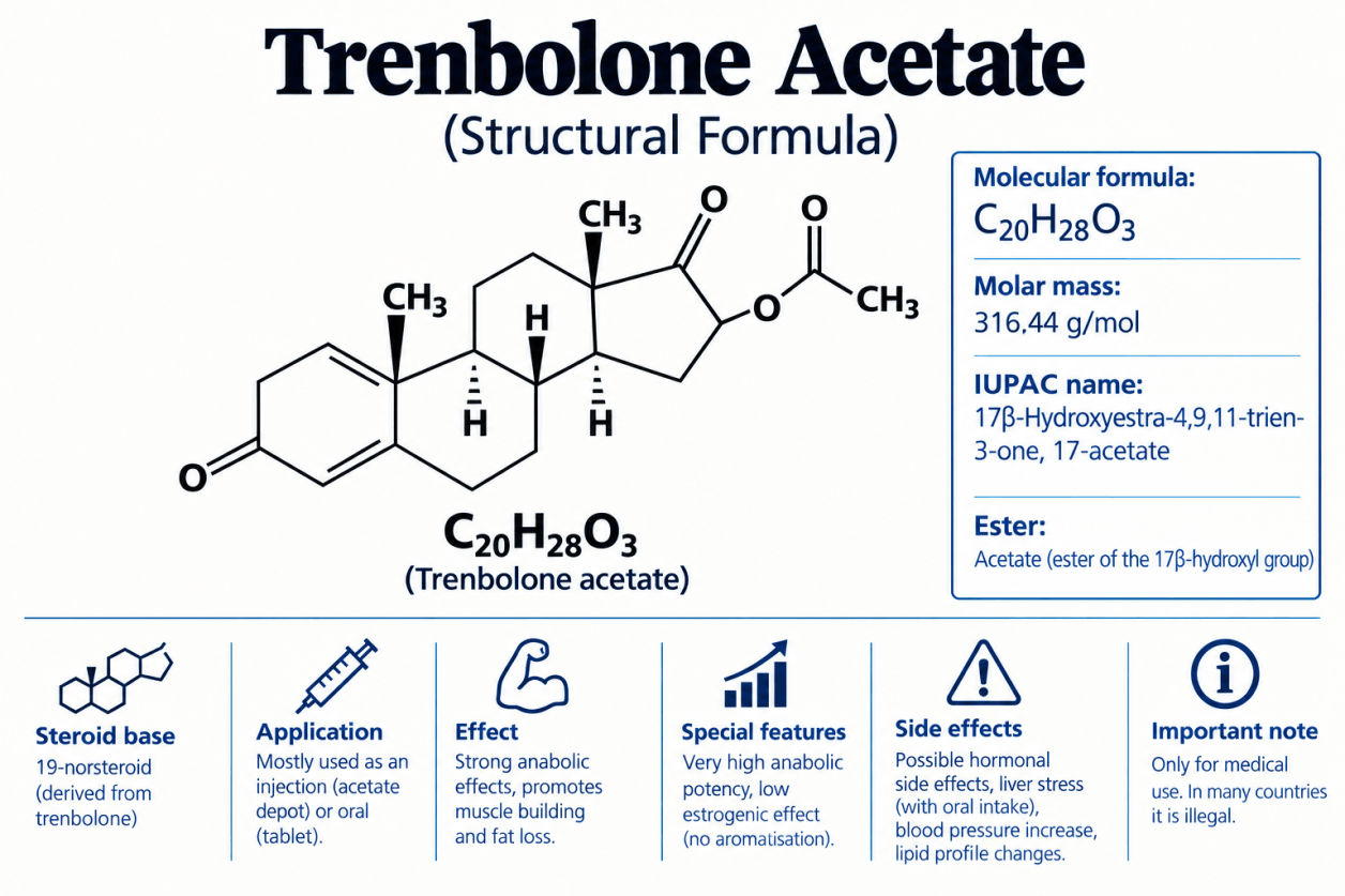 Struttura chimica del Trenbolone Acetato, estere acetato del principio attivo Trenbolone, uno steroide anabolizzante androgeno.